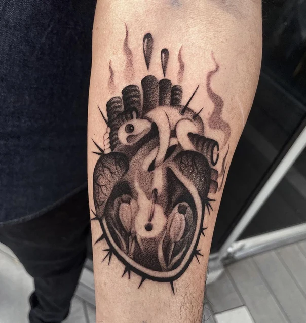 Blackwork Heart, Anatomy tattoo on Forearm