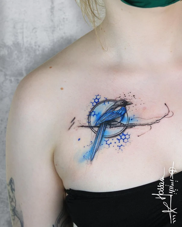 Watercolor Bird, Geometric tattoo on Collarbone