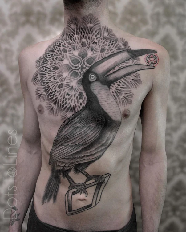 Blackwork Bird, Mandala tattoo on Chest
