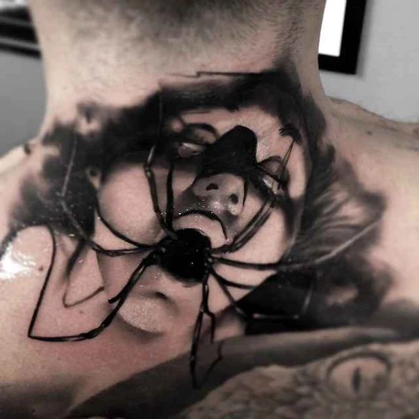 Black & Grey Spider, Portrait tattoo on Neck