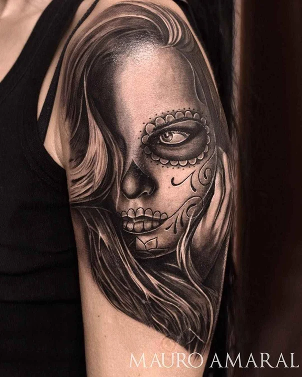 Black & Grey Sugar skull, Portrait tattoo on Upper Arm
