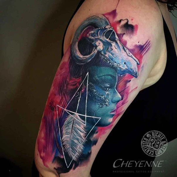 Illustrative Skull, Face tattoo on Upper Arm