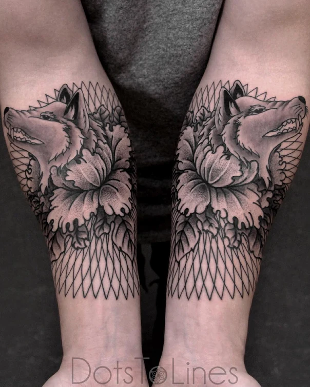 Black & Grey Wolf, Flower tattoo on Forearm