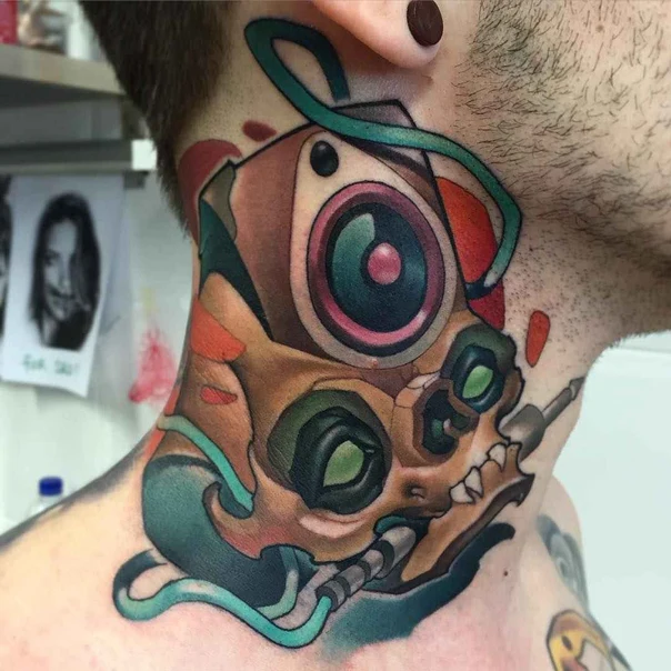 Biomechanical Skull, Camera tattoo on Neck