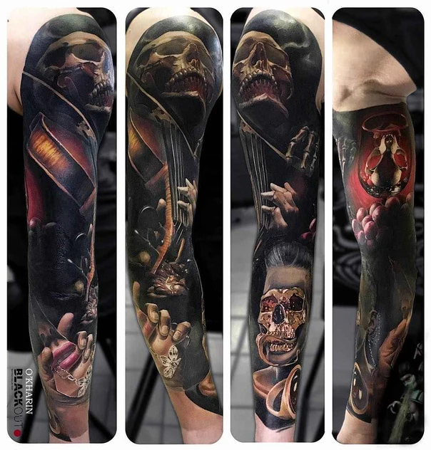 Blackwork Skull, Musical instrument tattoo on Full Sleeve
