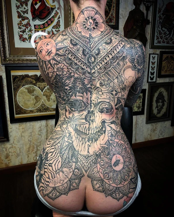 Blackwork Skull, Mandala tattoo on Full Back