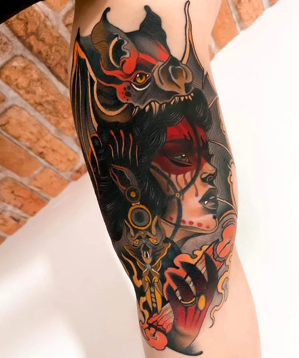 Neo Traditional Bat, Woman tattoo on Thigh