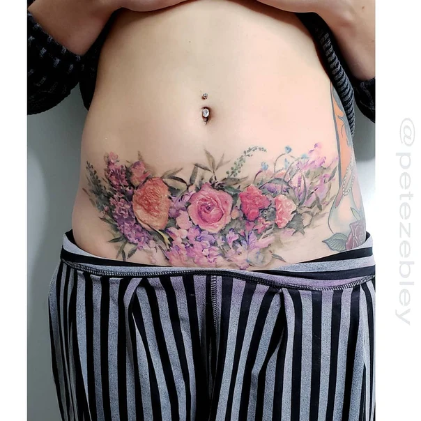 Watercolor Flowers, Roses tattoo on Stomach