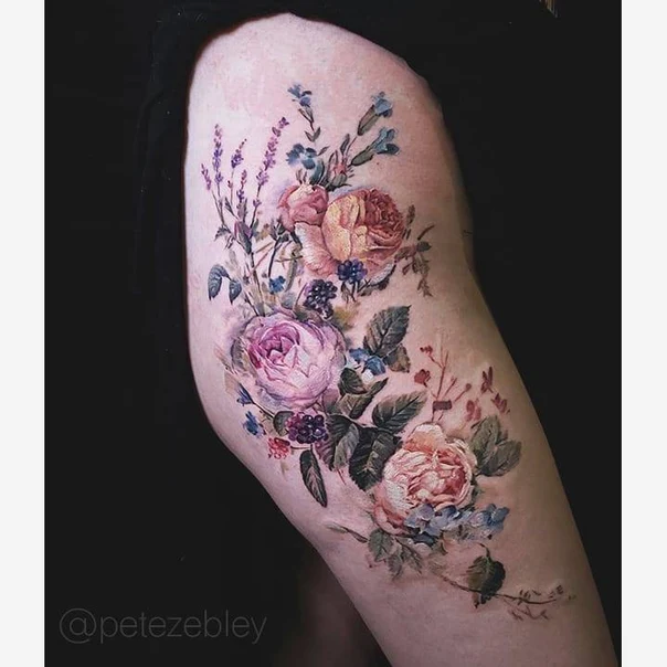 Watercolor Flowers, Roses tattoo on Thigh