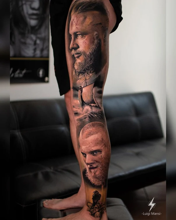 Realism Portrait, Ship tattoo on Full leg