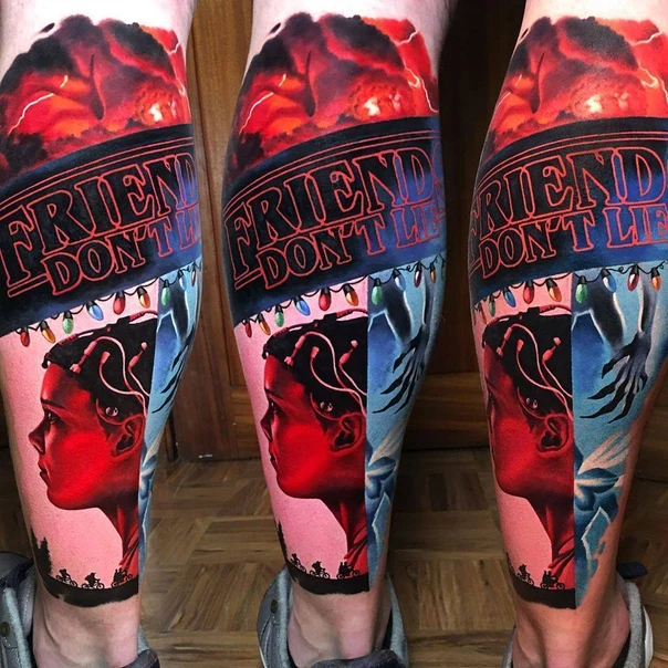 Illustrative Portrait, Lettering tattoo on Calf