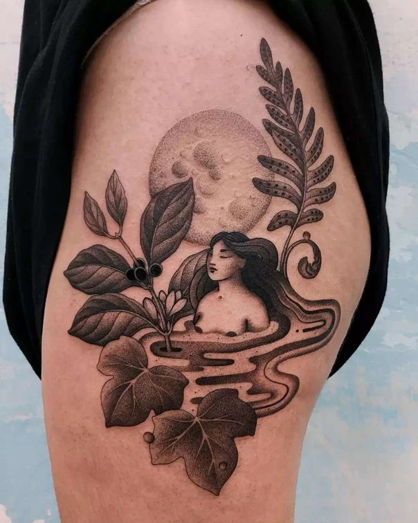 Blackwork Woman, Moon tattoo on Thigh