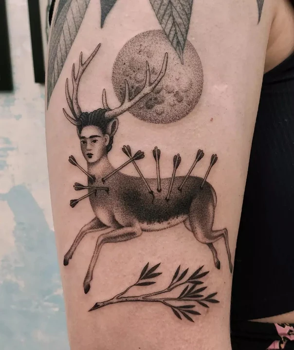 Black & Grey Deer, Arrows tattoo on Outer arm