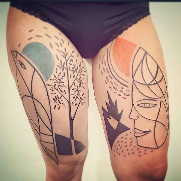 Linework Face, Tree tattoo on Thigh