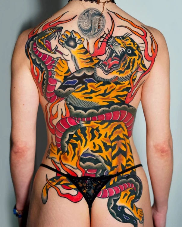 Traditional Tiger, Snake tattoo on Full Back