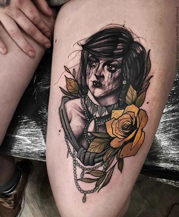 Neo-traditional Portrait, Rose tattoo on Thigh