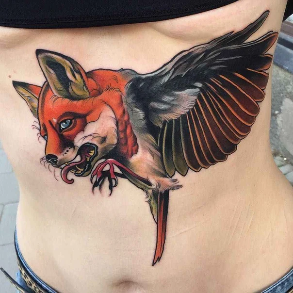 Neo Traditional Fox, Bird tattoo on Stomach
