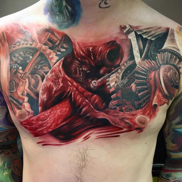 Biomechanical Gears, Anatomy tattoo on Chest