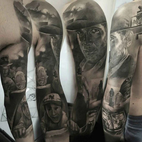 Realism Portrait, Movie scene tattoo on Full Sleeve