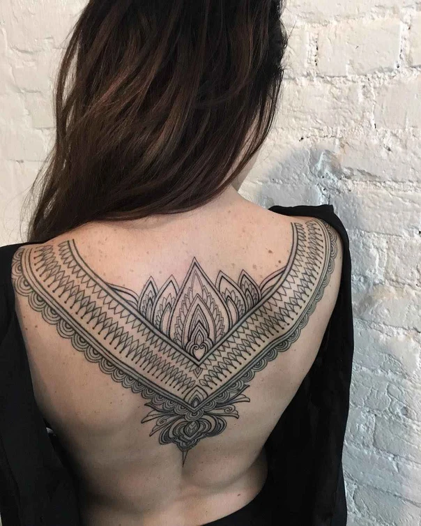 Ornamental Geometric, Floral tattoo on Upper Back
