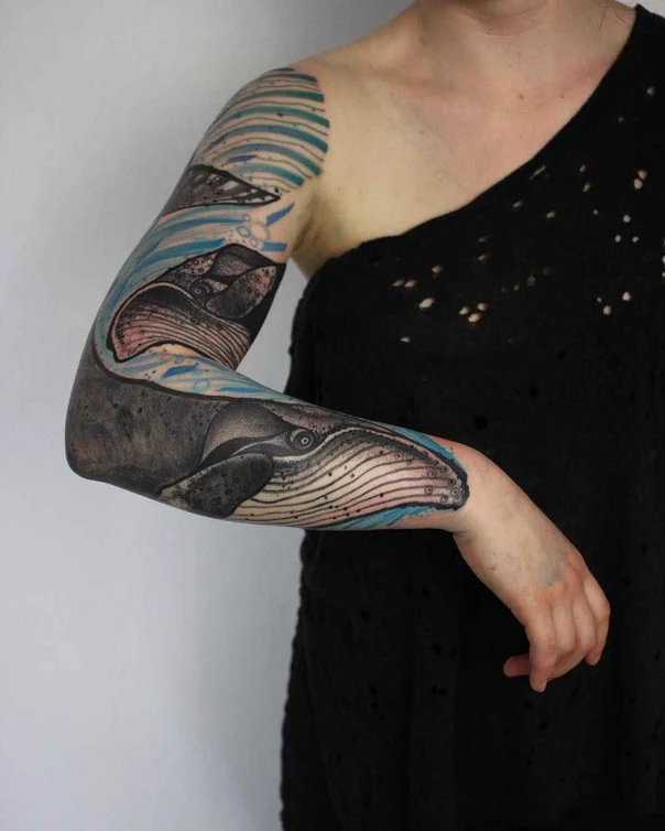 Illustrative Whale, Ocean tattoo on Full Sleeve