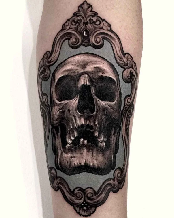 Black & Grey Skull, Frame tattoo on Calf