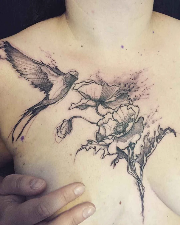 Sketch Bird, Flowers tattoo on Chest