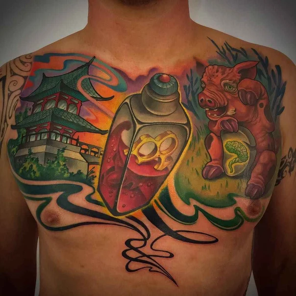 Illustrative Pig, Bottle tattoo on Chest