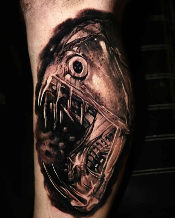 Biomechanical Fish, Teeth tattoo on Calf