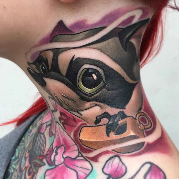 Cartoon Animal, Key tattoo on Neck