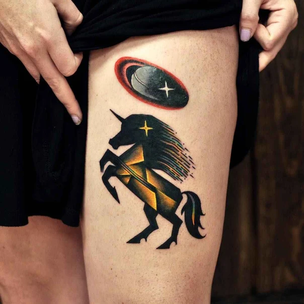 Geometric Unicorn, Space tattoo on Thigh