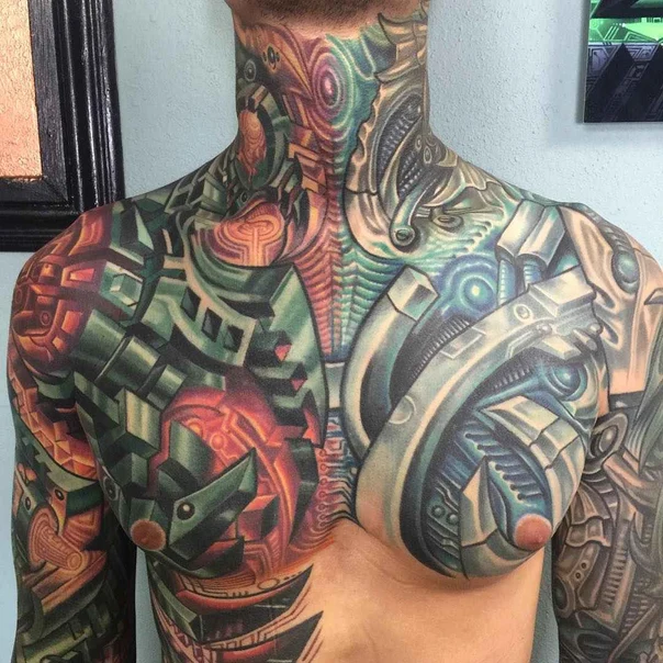 Biomechanical Geometric, Mechanical tattoo on Chest
