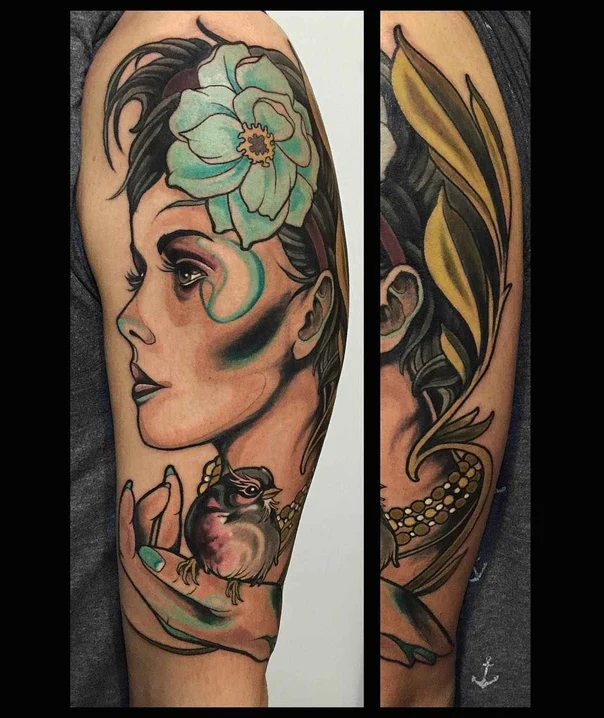 Realism Portrait, Flower tattoo on Upper Arm