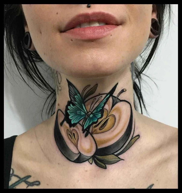 Illustrative Butterfly, Fruit tattoo on Neck
