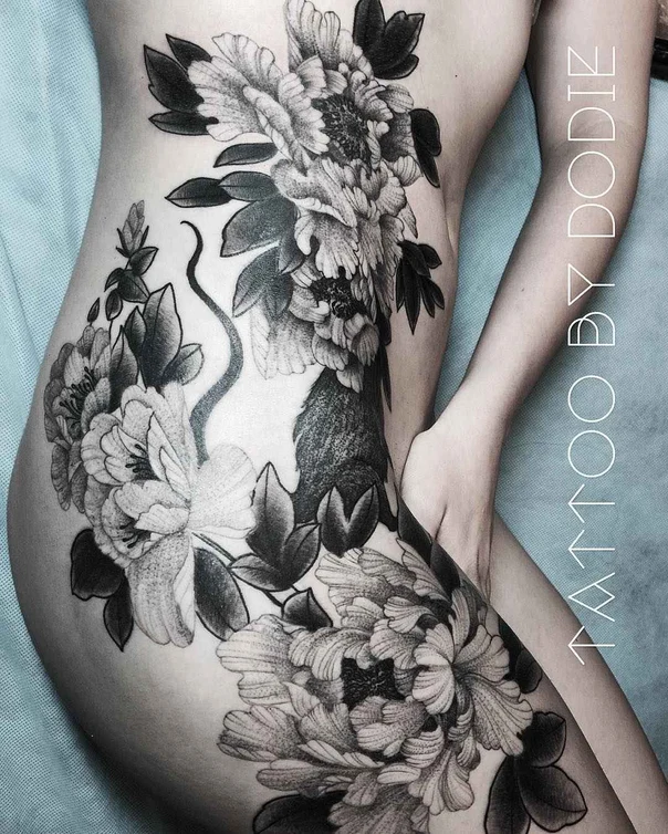 Black & Grey Flowers, Leaves tattoo on Side