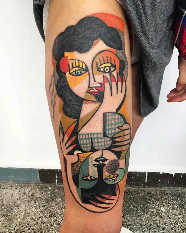 Cubism Face, Figure tattoo on Thigh