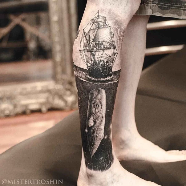 Blackwork Ship, Whale tattoo on Calf