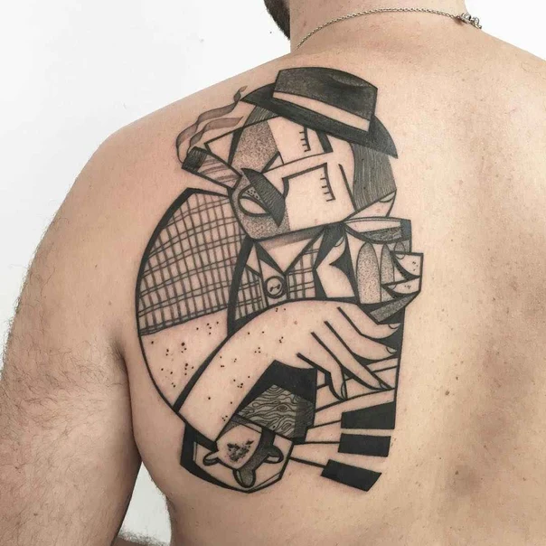Cubism Figure, Piano tattoo on Upper Back