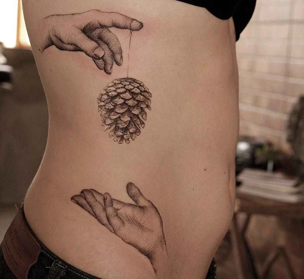 Dotwork Hands, Pinecone tattoo on Side