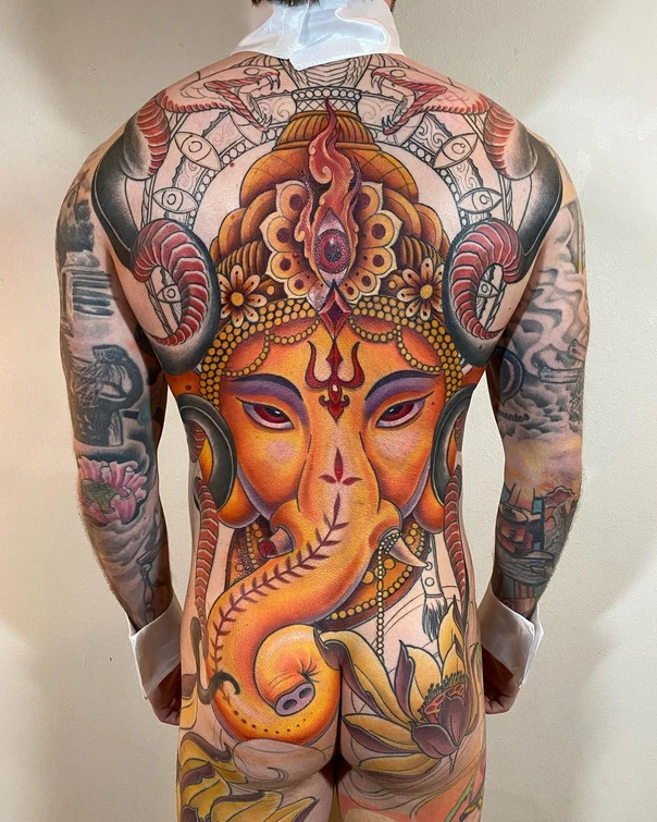 Illustrative Ganesha, Lotus tattoo on Full Back