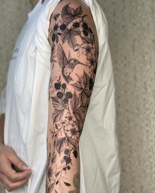 Linework Hummingbird, Flowers tattoo on Full Sleeve