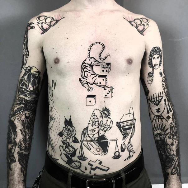 Blackwork Tiger, Dice tattoo on Full body