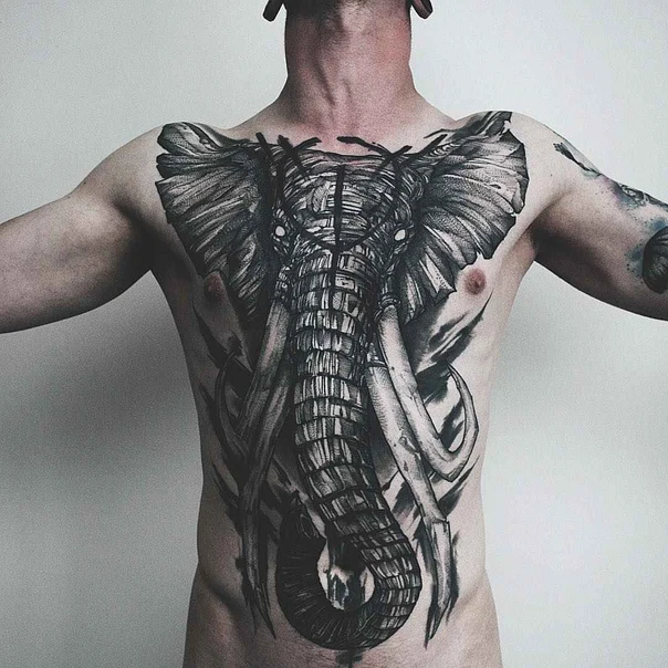 Blackwork Elephant tattoo on Chest