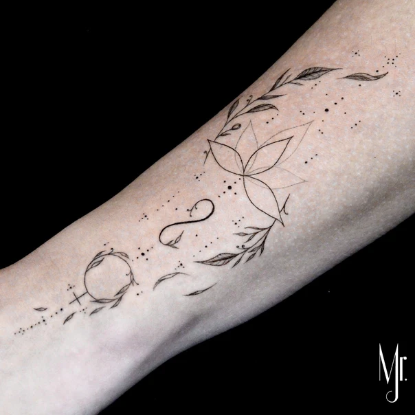 Fineline Flower, Leaves tattoo on Forearm