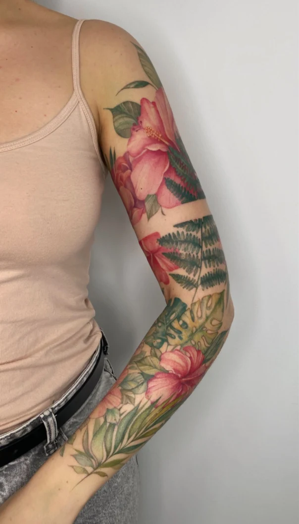 Botanic Flowers, Leaves tattoo on Full Sleeve