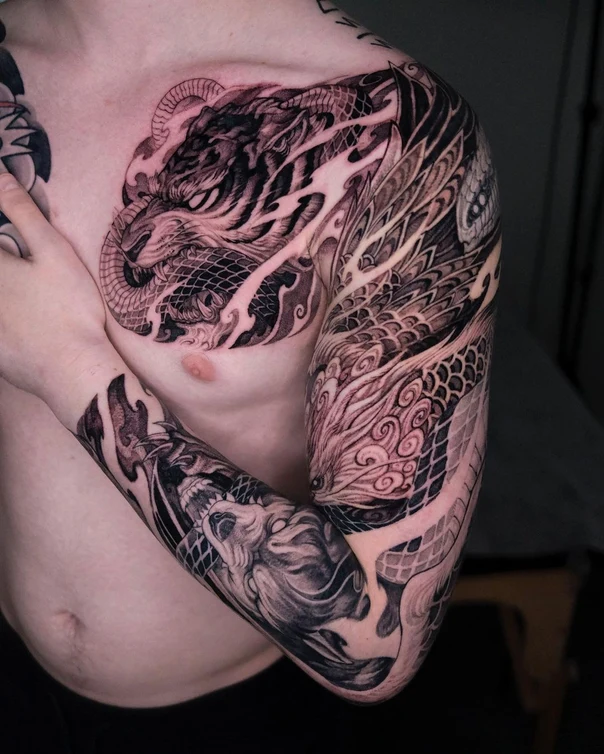 Black & Grey Tiger, Dragon tattoo on Full Sleeve