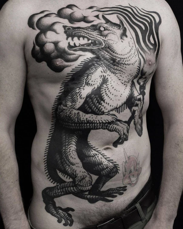 Blackwork Monster, Smoke tattoo on Chest