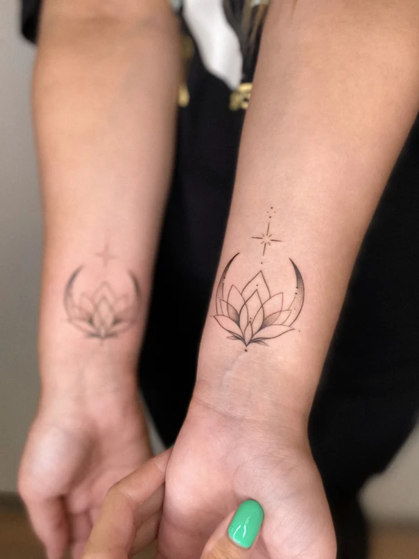 Fineline Lotus, Moon tattoo on Wrist