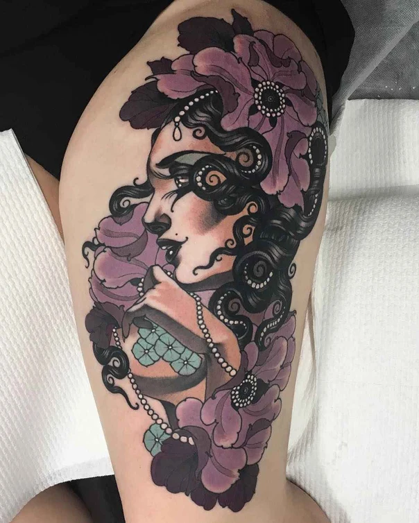Neo Traditional Portrait, Flowers tattoo on Thigh