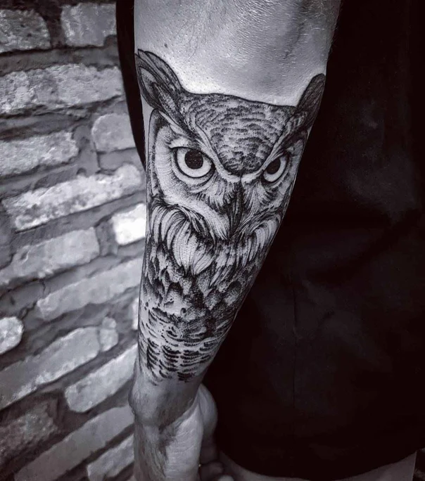 Black & Grey Owl tattoo on Forearm